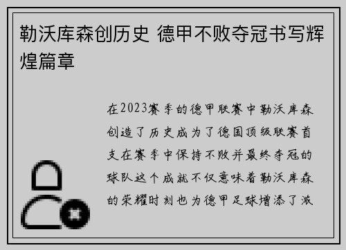 勒沃库森创历史 德甲不败夺冠书写辉煌篇章