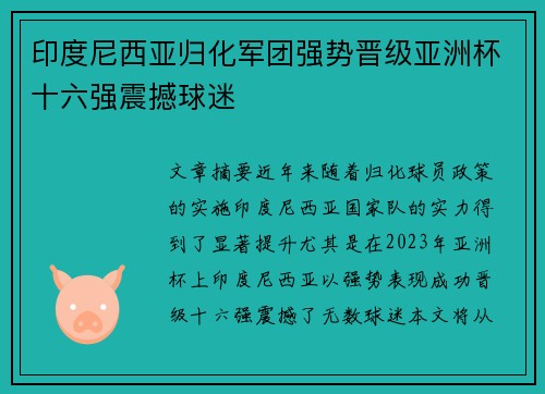 印度尼西亚归化军团强势晋级亚洲杯十六强震撼球迷